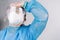 Enlarged photo of a doctor wearing a sweat protective pandemic screen holding head from fatigue. Fighting Coronavirus