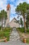 Enontekio church in Hetta village in Finnish Lapland. Walk steps to the main entrance are at foreground