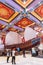 Enormous Chinese junk displayed in department store with colorful Chinese ceiling decorated with tourists in Dubai