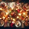 enormous christmas feast laid out on table