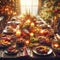 enormous christmas feast laid out on table with decorations and ornaments