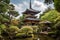 enormous japan pagoda surrounded by lush gardens, with water features and lanterns