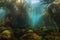 enormous kelp forest, with schools of colorful fish swimming among the fronds