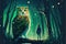 The enormous owl and its master perching on a limb in nocturnal woodland with verdant firmament