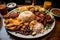 enormous plate of food, overflowing with rice and beans, chicken, and fish