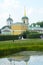 Ensemble Kuskovo Estate. Church and Belfry. Pond. reflection