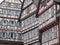 Ensemble of three tall half-timbered houses in Schwaebisch Hall, Germany