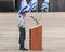 Ensign of the IDF stands near the podium at the formation in Engineering Corps Fallen Memorial Monument in Mishmar David, Israel