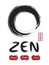 Enso zen circle . Sumi e design . Black and gray overlap color . Red stamp with calligraphic zen alphabet . White isolated backgro