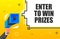 Enter to Win Prizes banner template. Marketing flyer with megaphone. Isometric and pixel style. Template for retail
