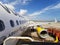 Entering a vueling plane to depart from Barcelona airport