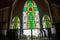Enterior with arches, crosses and stained glass window inside Catholics church in Abuja, church is known as The National Christian