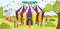 Entertainment circus tent performance, carnival performer group of people character flat vector illustration, street