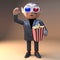 Enthralled cartoon vampire dracula eats popcorn at the movies watching with 3d glasses, 3d illustration