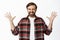 Enthusiastic bearded man spread hands sideways, showing something big, large sale promo deal, standing over white