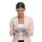 Enthusiastic businesswoman reading messages and smiling