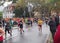 Enthusiastic crowd of people competing in a city marathon race in Frankfurt, Germany