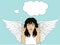 Enthusiastic girl angel with beautiful wings smiling and showing