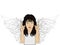 Enthusiastic girl angel with beautiful wings smiling and showing