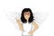 Enthusiastic girl angel with beautiful wings smiling and showing