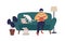 Enthusiastic guy reading book sitting on couch vector flat illustration. Literature lover resting at home surrounded by