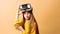 Enthusiastic little girl wearing virtual reality headset modern innovation device isolated on yellow