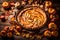 An enticing apple tart pie placed on a table, surrounded by decorative pumpkins and dry leaves, creating a warm and autumnal scene