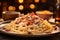 Enticing image of Spaghetti Carbonara on an antique table, with the silhouette of the Colosseum under a blue Roman sky.