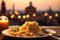 Enticing image of Spaghetti Carbonara on an antique table, with the silhouette of the Colosseum under a blue Roman sky.