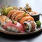 enticing photo celebrates rich flavors of Japanese cuisine, presenting rolls and sushi on dark background. Ai generated