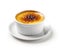 Enticing sweet creme brulee on a white plate on a white background top view, Generative AI