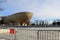 Entrance of Albany\'s Empire Plaza, with view off \'The Egg\' standing against the city\'s skyline,New York,2016