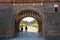 Entrance arch of the Lubeck Holstentor (Holsten gate), famous historic landmark in gothic brick