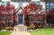 Entrance of brick Tudor Revival home with Chinese Maple trees on both sides of the door and crumbling cement porch