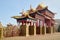 Entrance in buddhist temple in the fog on a summer, spring or autumn day. Buddhism in Russia in Elista