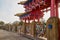 Entrance in buddhist temple in the fog on a summer, spring or autumn day. Buddhism in Russia in Elista