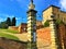 Entrance and columns of Govone castle`s garden, Piedmont region, Italy. Art, architecture, history and urban design