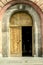 Entrance doors with Armenian alphabet on the facade of the Church of St. Mesrop Mashtots in the village of Oshakan