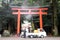 Entrance gate of Kirishima Jingu temple is being cleaned