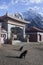 Entrance Gate in Tengboche Monastery with Himalayas Mountains on Background