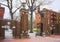 Entrance gates and dormitory in Harvard Yard of Harvard University