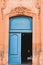 Entrance to a 1300`s century, chaple with blue doors