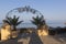 Entrance to the beach, `Seagull` in the early summer morning in the resort settlement of Adler, Sochi