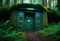 Entrance to a bunker with digital combination locks in the middle of a dense forest, a security hideout