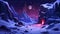 The entrance to a cave is lit from within at night. Modern cartoon winter landscape with rocks, snow, a full moon in the