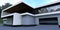 Entrance to the garage of a luxurious country house. Light asphalt pavement. Finishing of the house is gray marble. 3d render