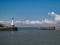 The entrance to Maryport Harbour on the Solway Coast in north west Cumbria, England, UK