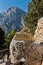 Entrance to Samaria gorge surrounded by very high mountains, south west part of Crete island