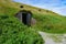 Entrance to a sod-roofed building at the Norstead Viking Village