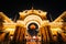 Entrance to Tivoli Gardens at night, in Copenhagen, Denmark.